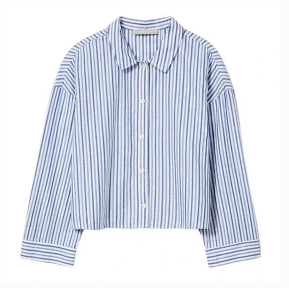 Everlane Blue And White Striped Cotton Collared The Woven PJ Top NWT - Picture 10 of 10